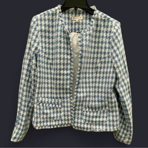 Nanette Lepore Women’s Blue Houndstooth Open Front Blazer Jacket M Gold Nwt